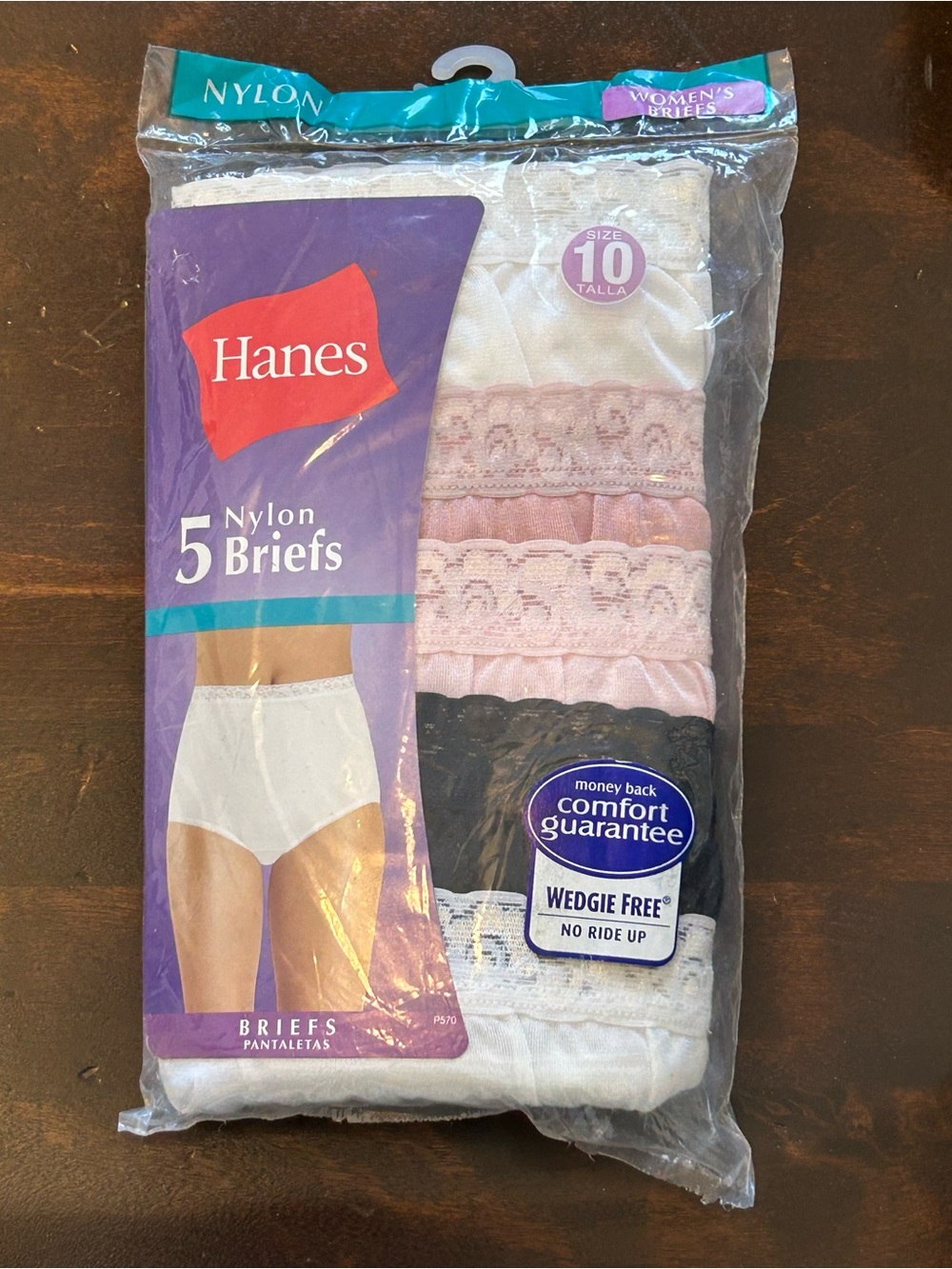 NIP HANES NYLON BRIEFS LACE WAIST COTTON LINER 5 PACK WOMEN'S SIZE 10